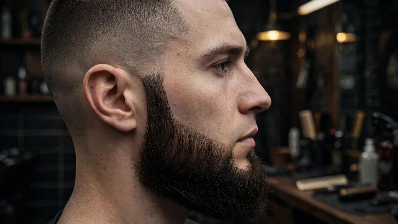 Thick chin strap beard fading down from the sideburns
