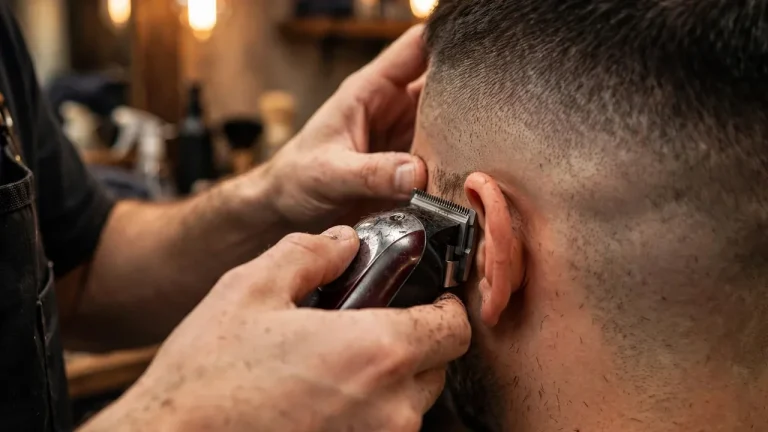 Barber giving a buzz cut fade with skin faded sides