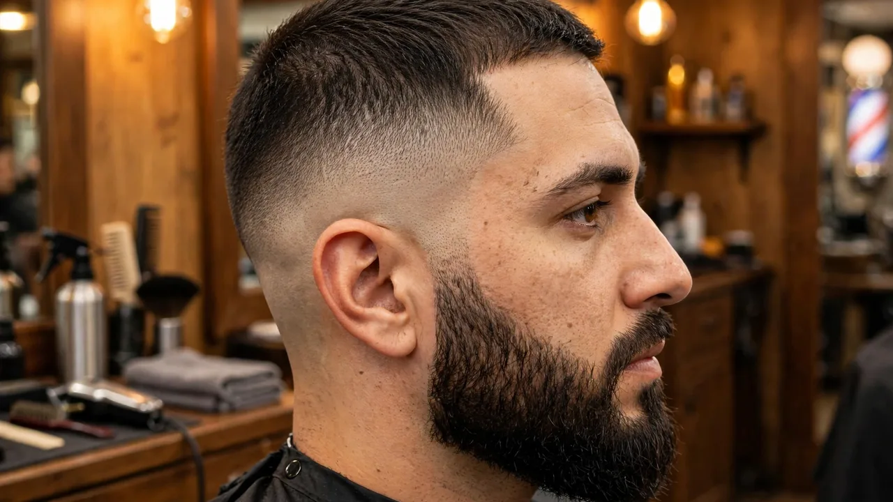 Taper fade haircut with a full beard blending at the sideburns in a barbershop