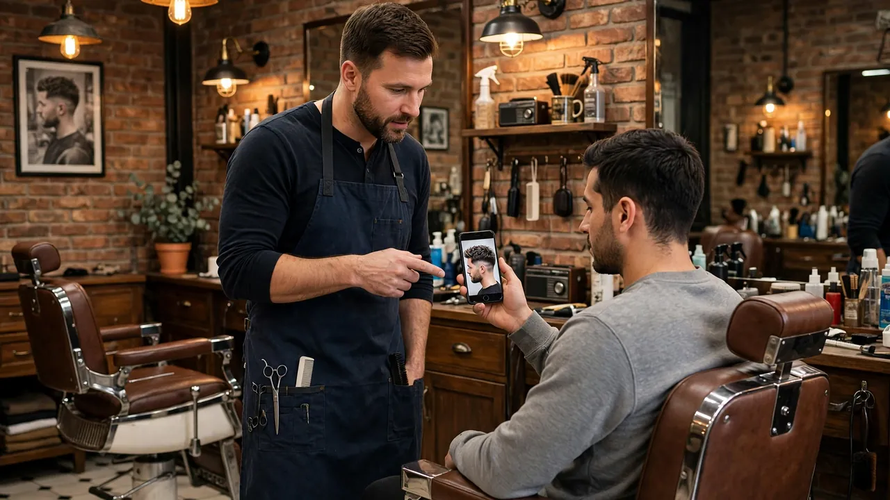 Man showing his barber a reference photo, how to ask your barber for a haircut