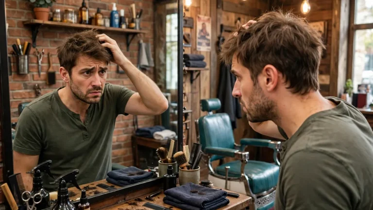 Man checking his reflection in a barbershop mirror after a bad haircut