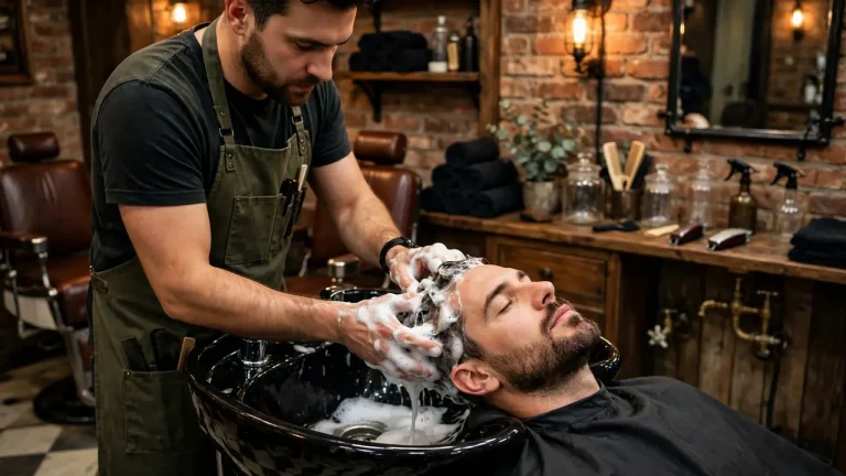 Best shampoo for men lathered into hair at a barbershop wash station