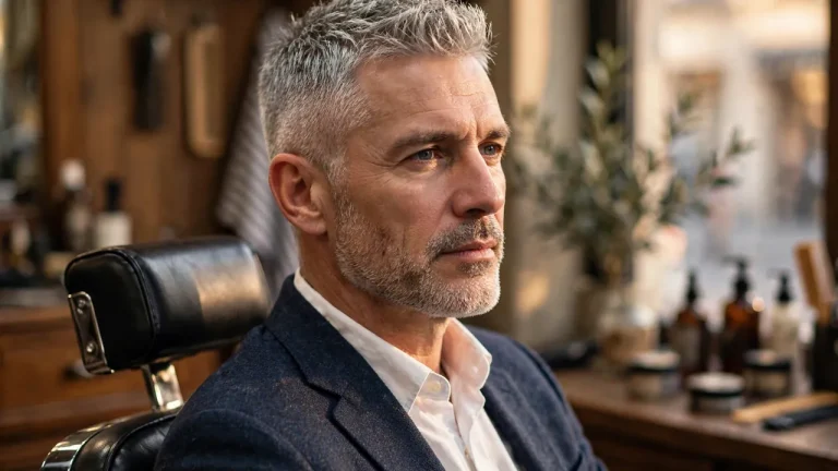 Man in his 50s with silver grey hair in a textured crop haircut at a barbershop