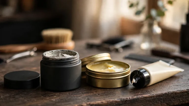 Best hair products for men arranged on a barbershop counter
