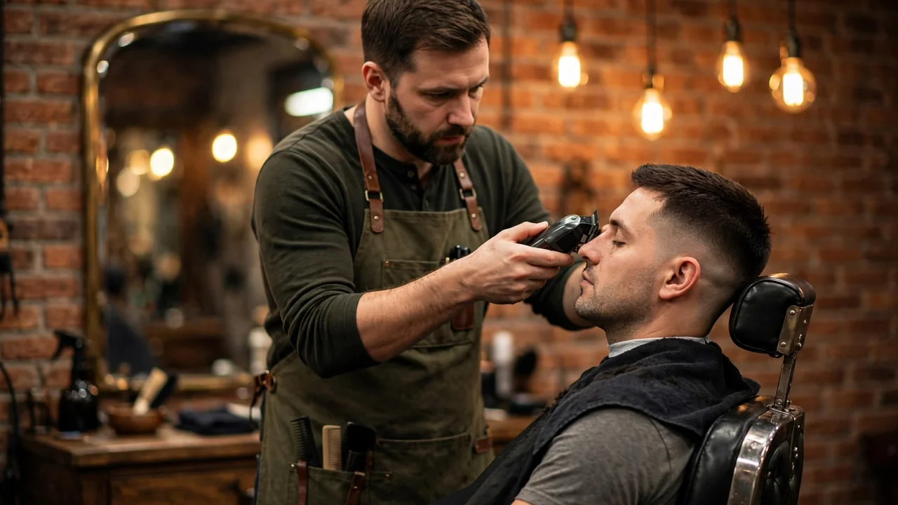 Barber finishing a mid fade in a barbershop, low vs mid vs high fade comparison guide