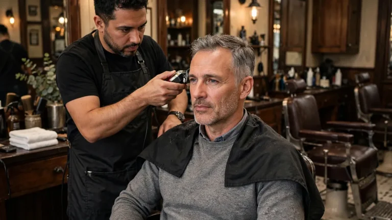Mature man getting one of the best haircuts for men over 40 in a barbershop