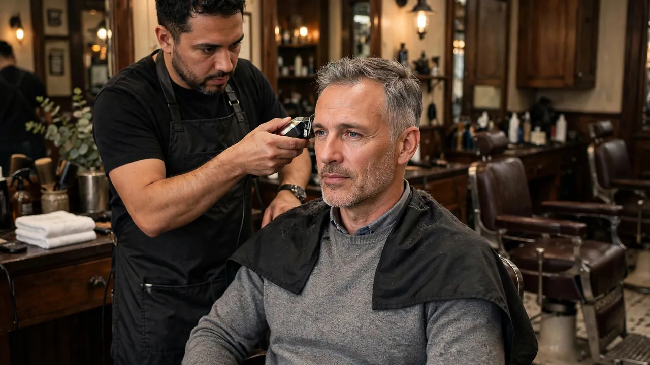 Mature man getting one of the best haircuts for men over 40 in a barbershop