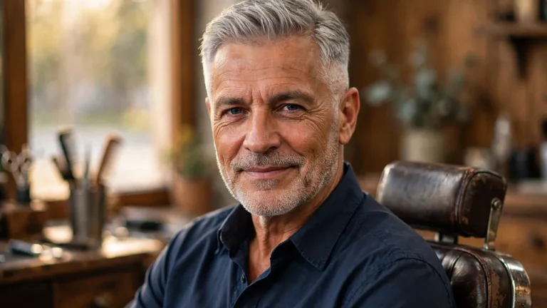 Older man with silver gray hair and a classic taper haircut in a barbershop