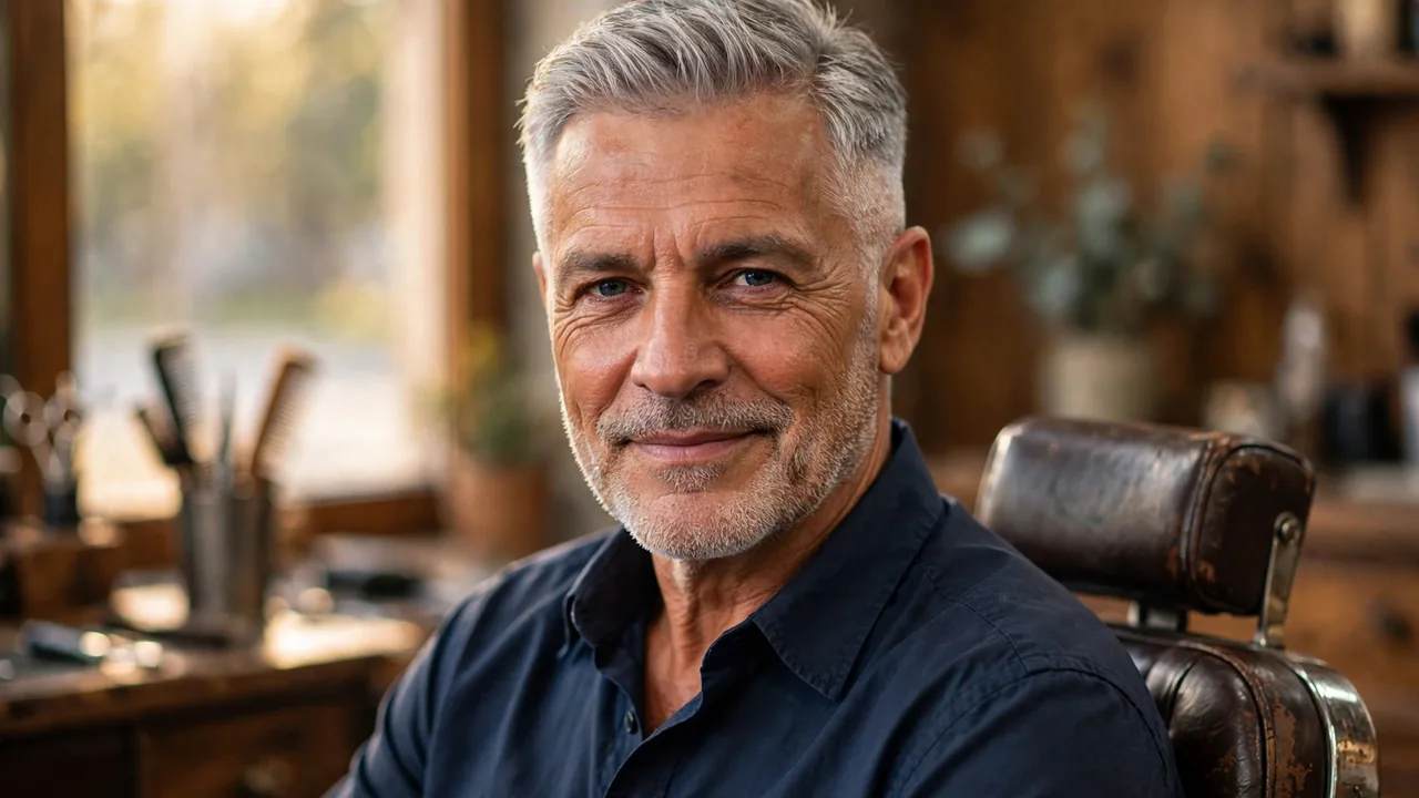 Older man with silver gray hair and a classic taper haircut in a barbershop