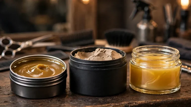 Pomade vs clay vs wax styling products on a barbershop counter