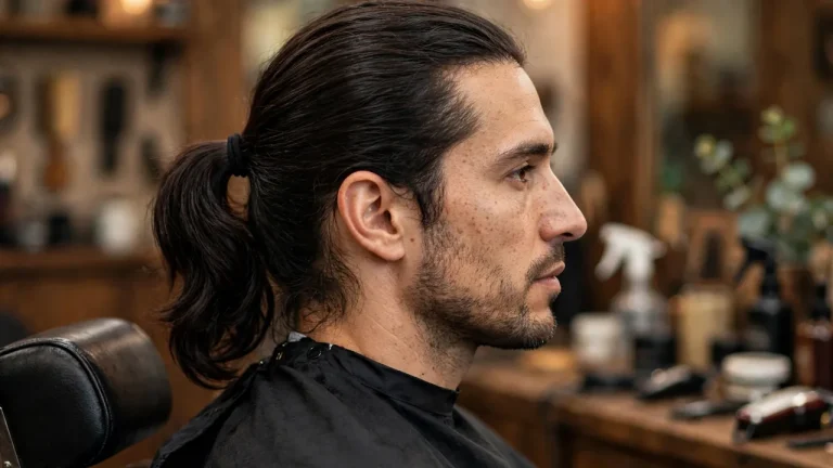 Ponytail men hairstyle with a neat low tail in a barbershop