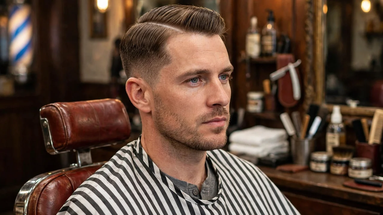 comb over haircut with low taper fade, barbershop photography