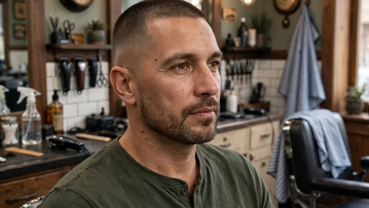 Buzz cut on a mature man in his 40s with a short groomed beard