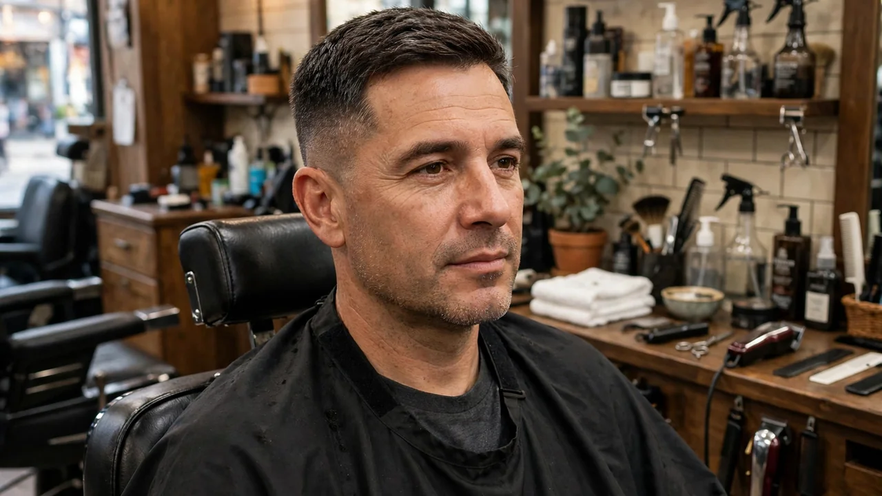 Crew cut on a mature man in his 40s, short neat top with tight sides