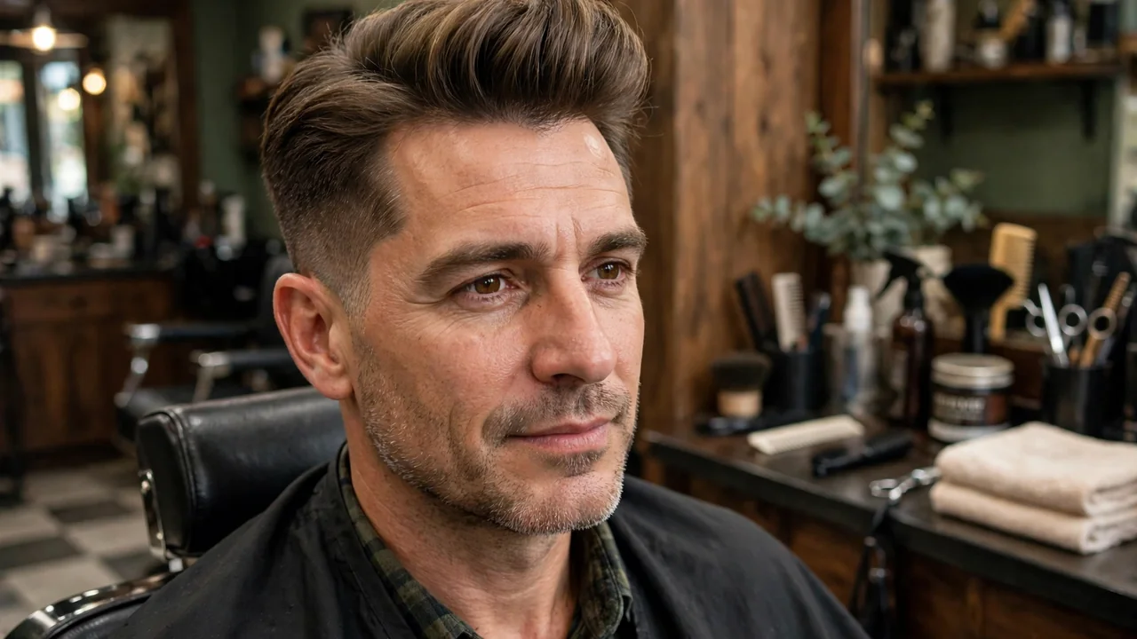 Modern quiff haircut on a mature man in his 40s, volume up front