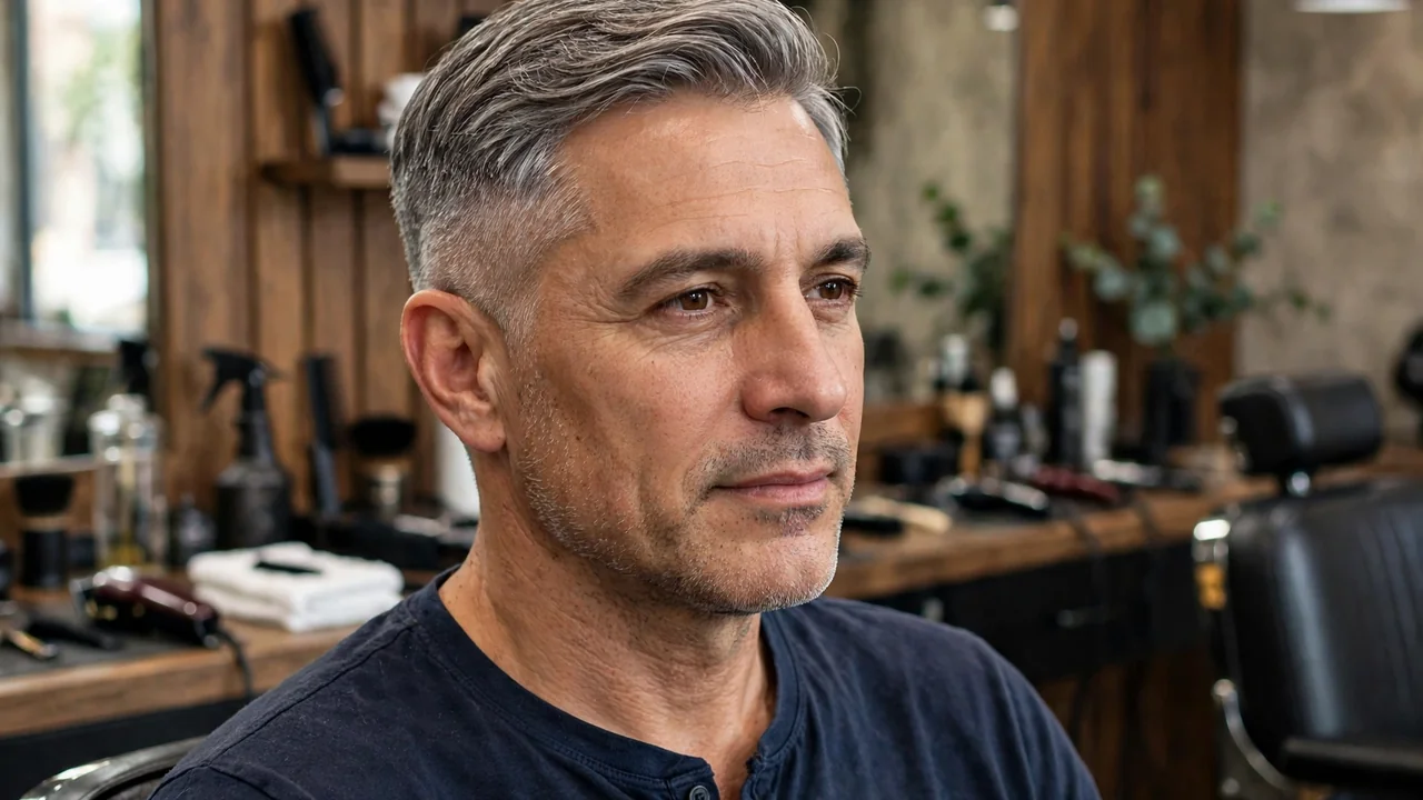 Short side part haircut on a mature man in his 40s with grey hair