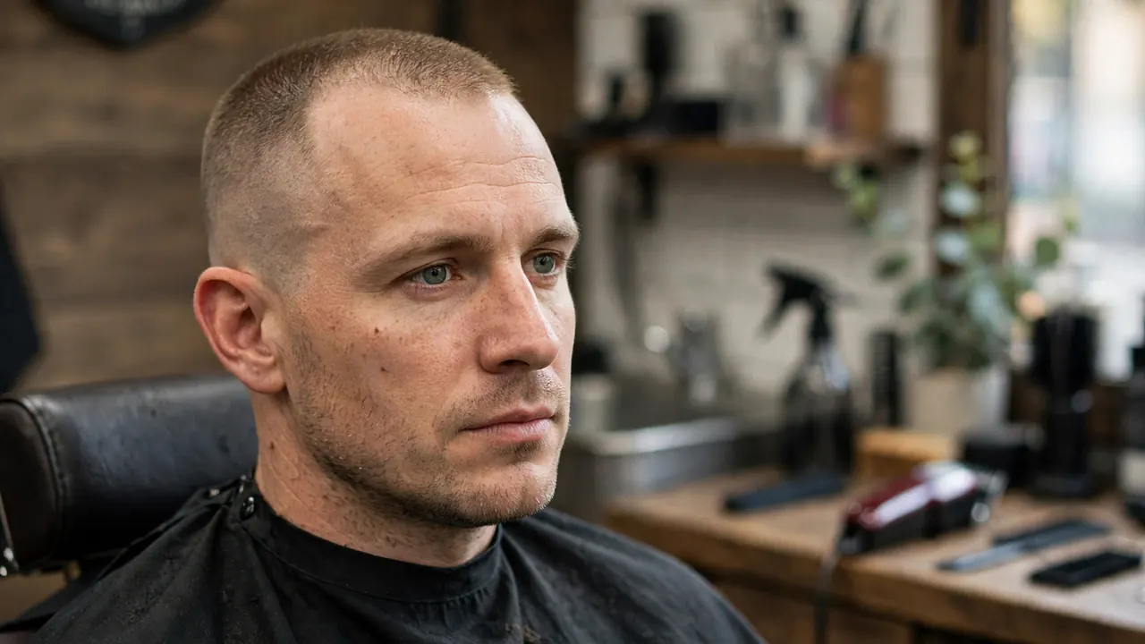 Buzz cut fade for a receding hairline with a clean skin fade on the sides