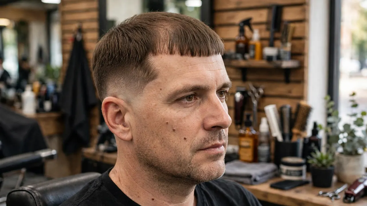 Caesar cut for a receding hairline with a short straight fringe