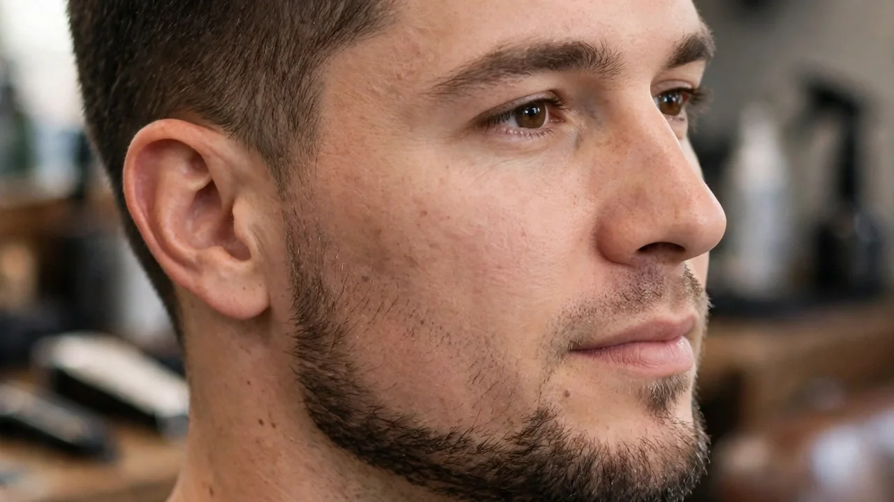 Stubble chin strap beard with soft edges along the jaw