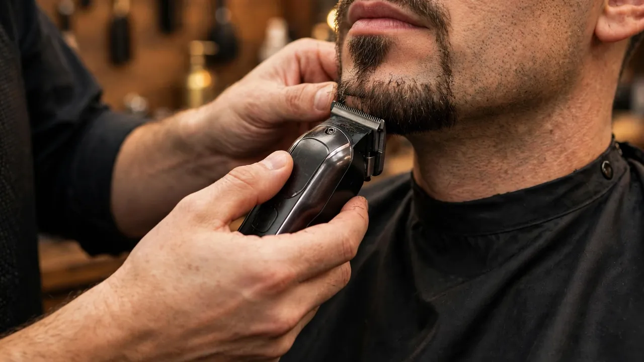 barber trimming a goatee style with an electric trimmer