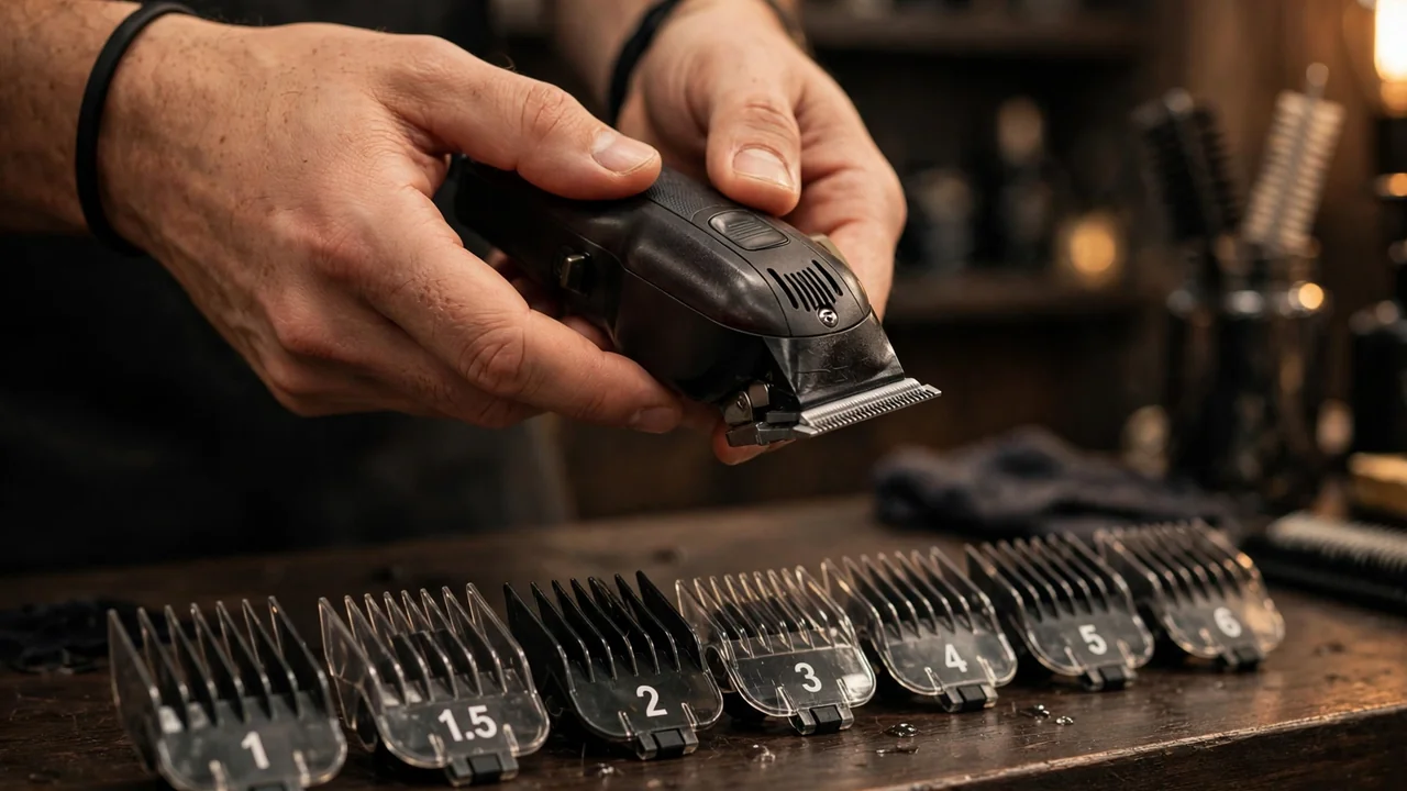 Barber holding hair clippers with numbered clipper guards for the haircut numbers guide