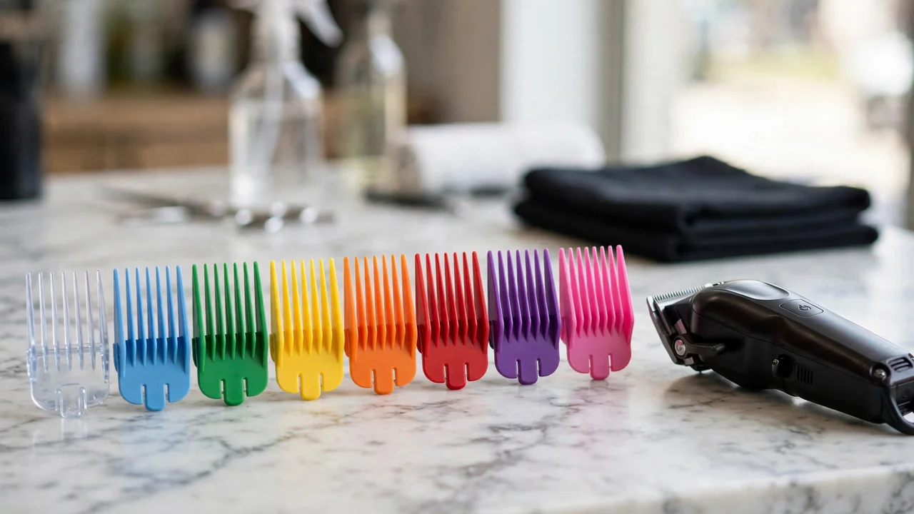 Clipper guard set showing the men's haircut numbers chart from 0 to 8