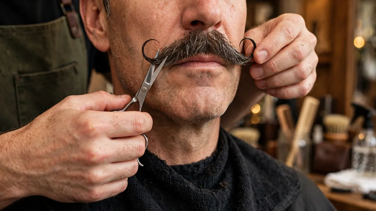 Barber shaping a handlebar moustache style for men