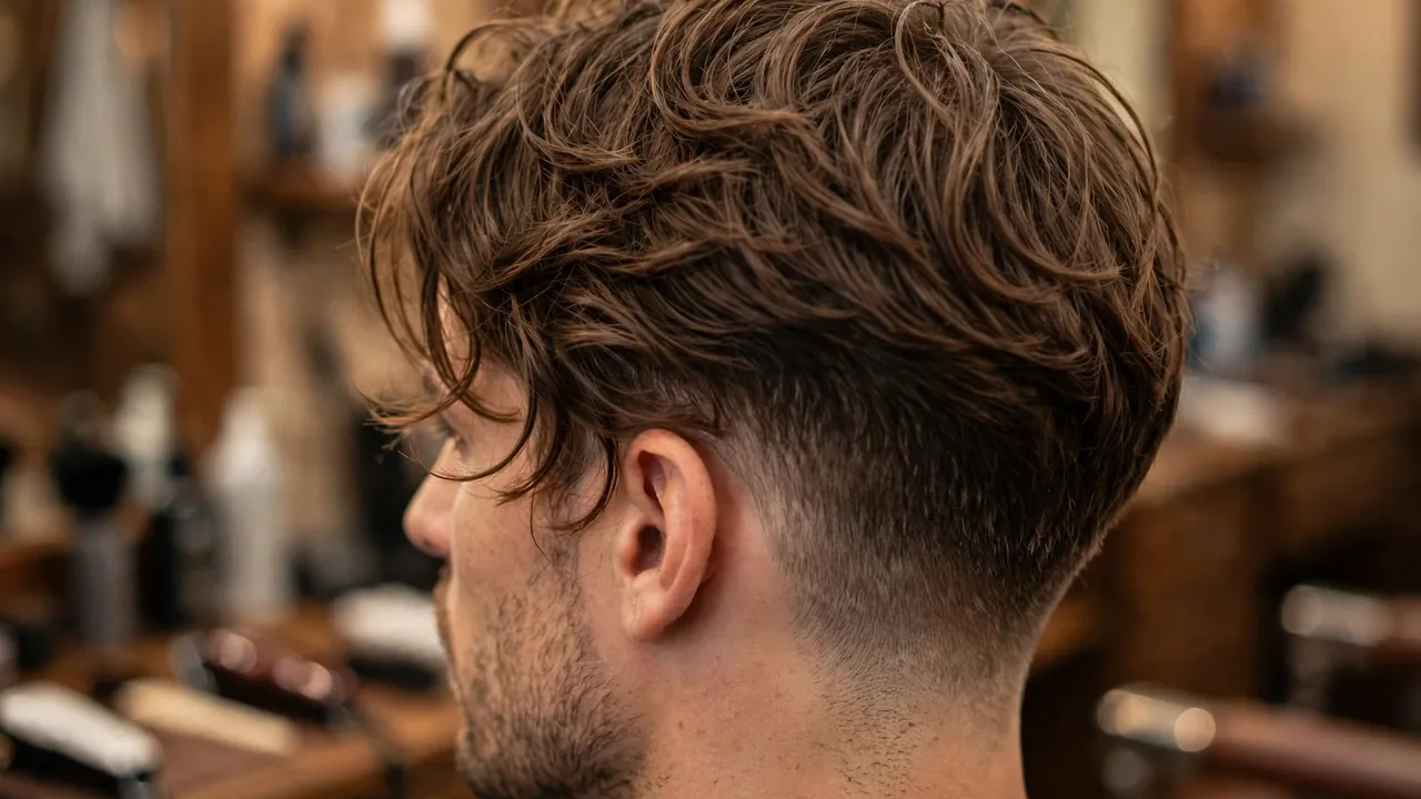 Barber styling a textured curtain haircut, a flattering choice for heart face men