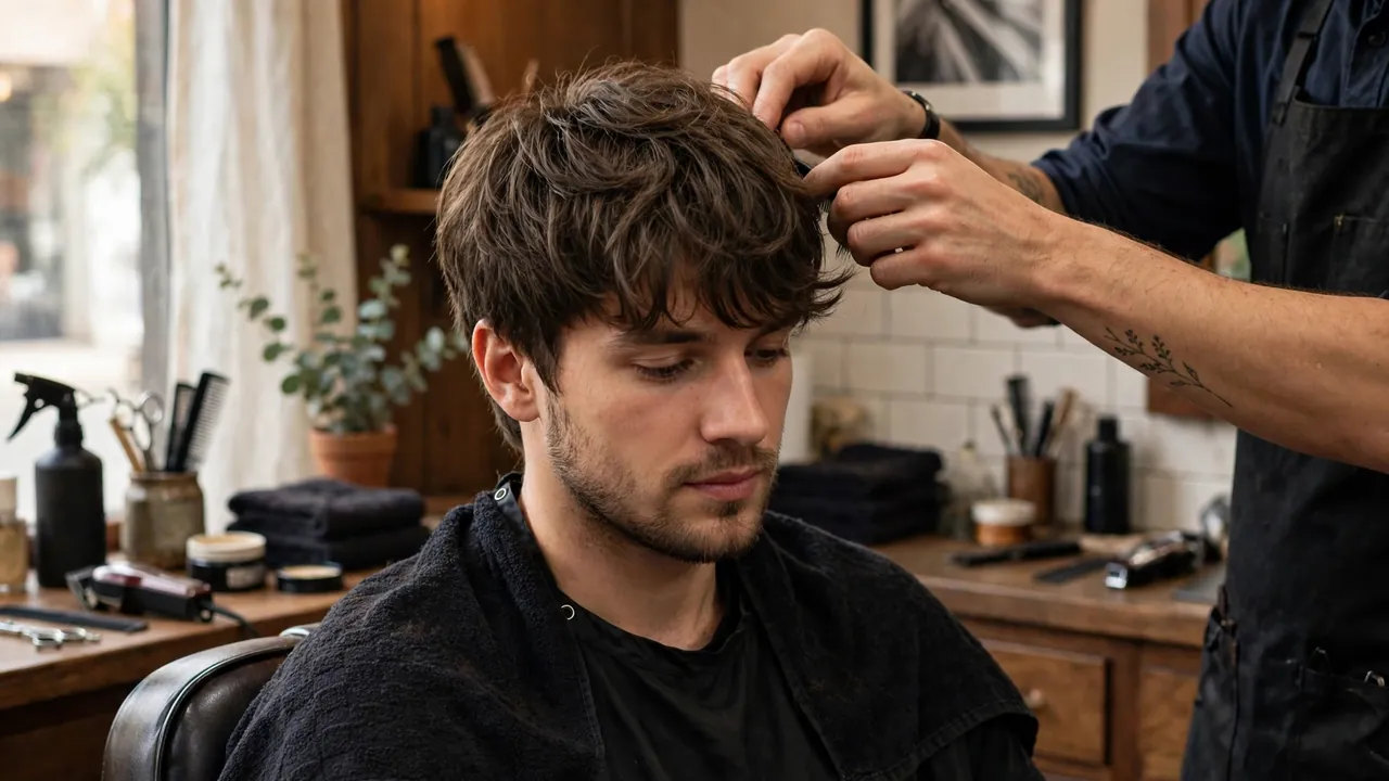 Low taper fade with textured top, a balanced haircut for a wide forehead and narrow chin