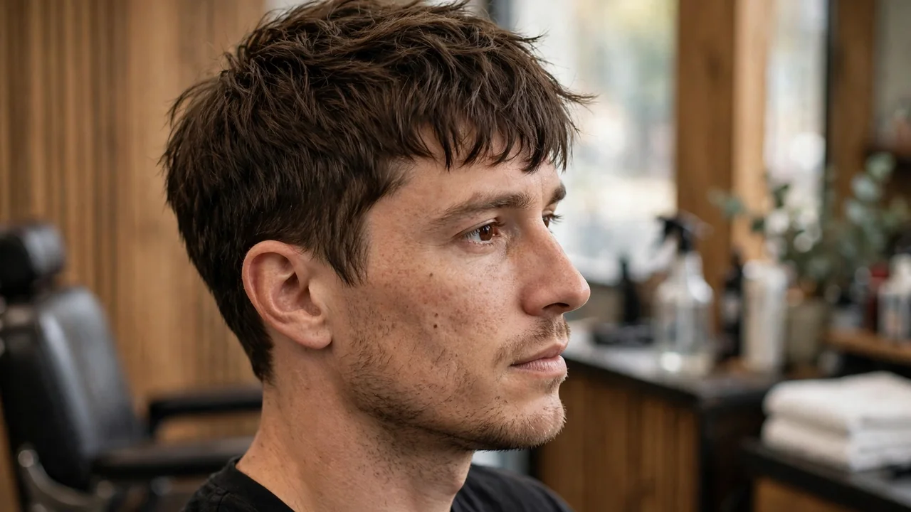 Textured crop haircut with short choppy fringe for heart face men