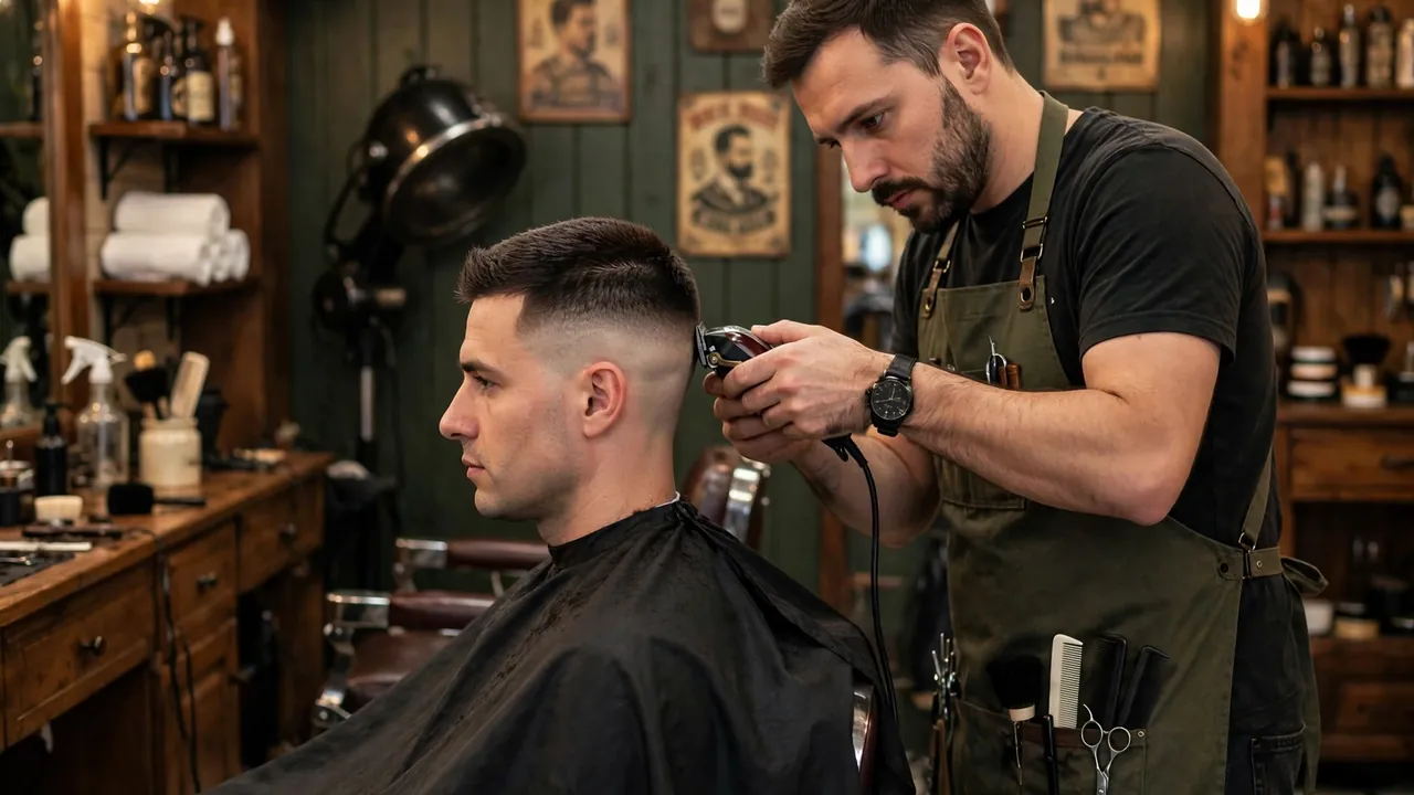 Barber using clippers to cut a high and tight haircut