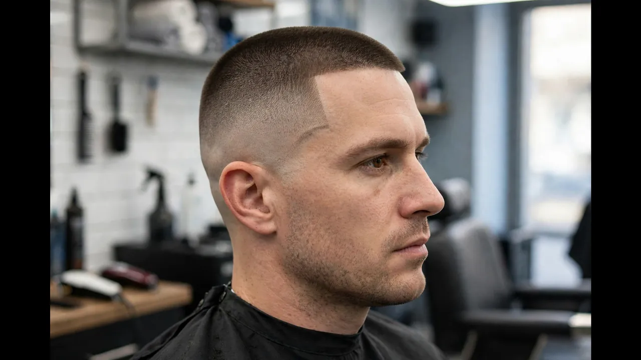 Classic regulation high and tight haircut, skin faded sides with a hard defined line