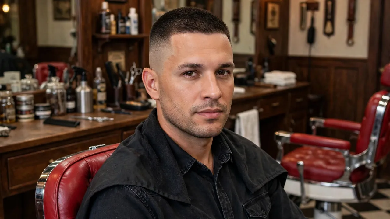 Man with a high and tight haircut sitting in a barbershop chair