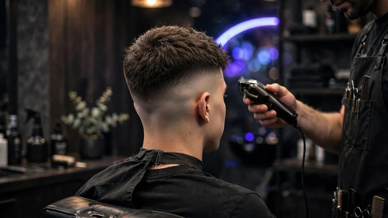 Back view of a high skin fade with textured top in a barbershop