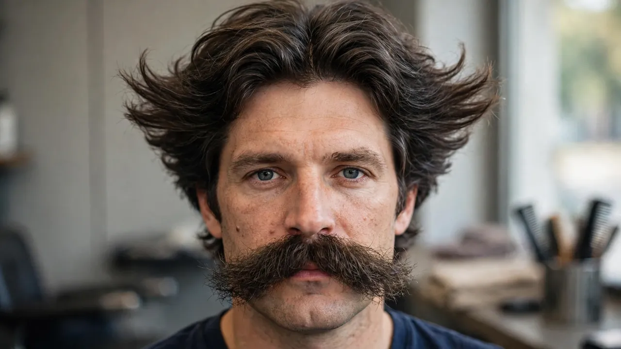 Bushy Hungarian moustache style for men swept outward from the center