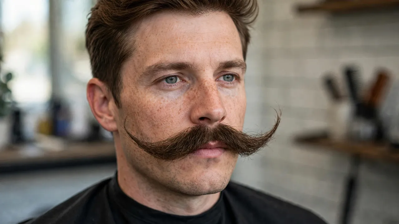 Wide imperial moustache style for men swept up onto the cheeks