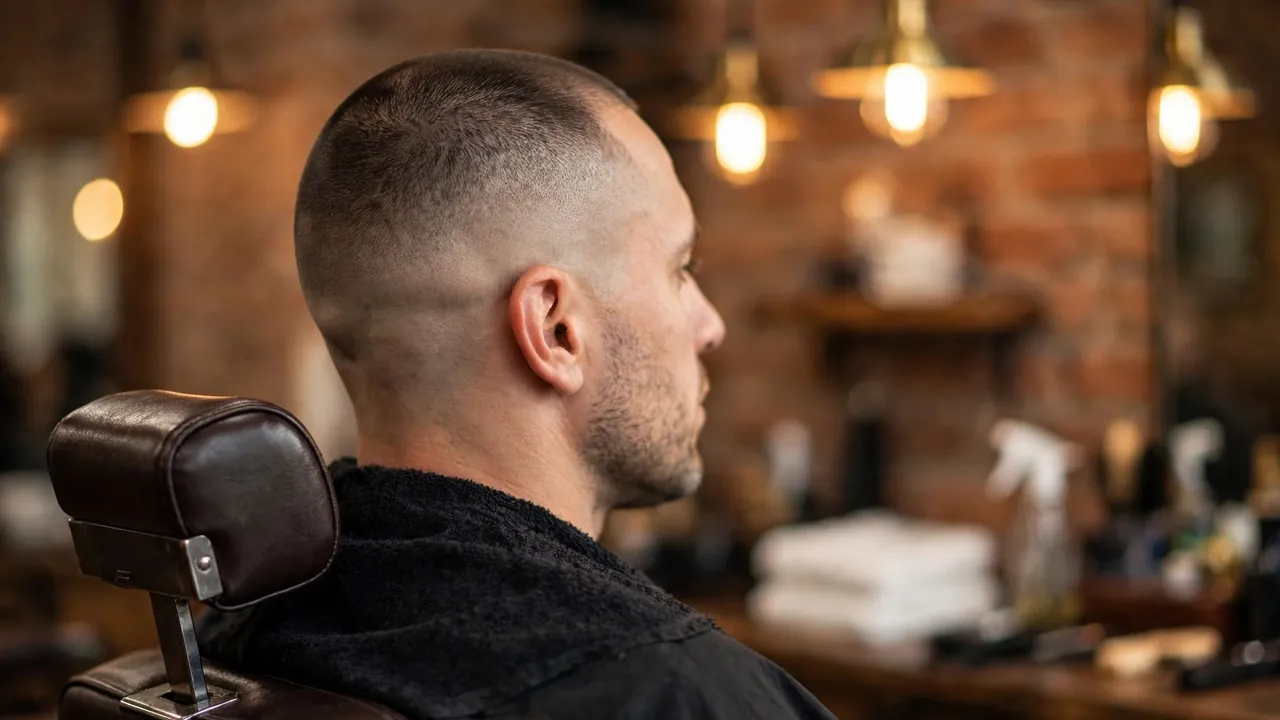 Side profile of a buzz cut with skin fade on a client in a barbershop chair