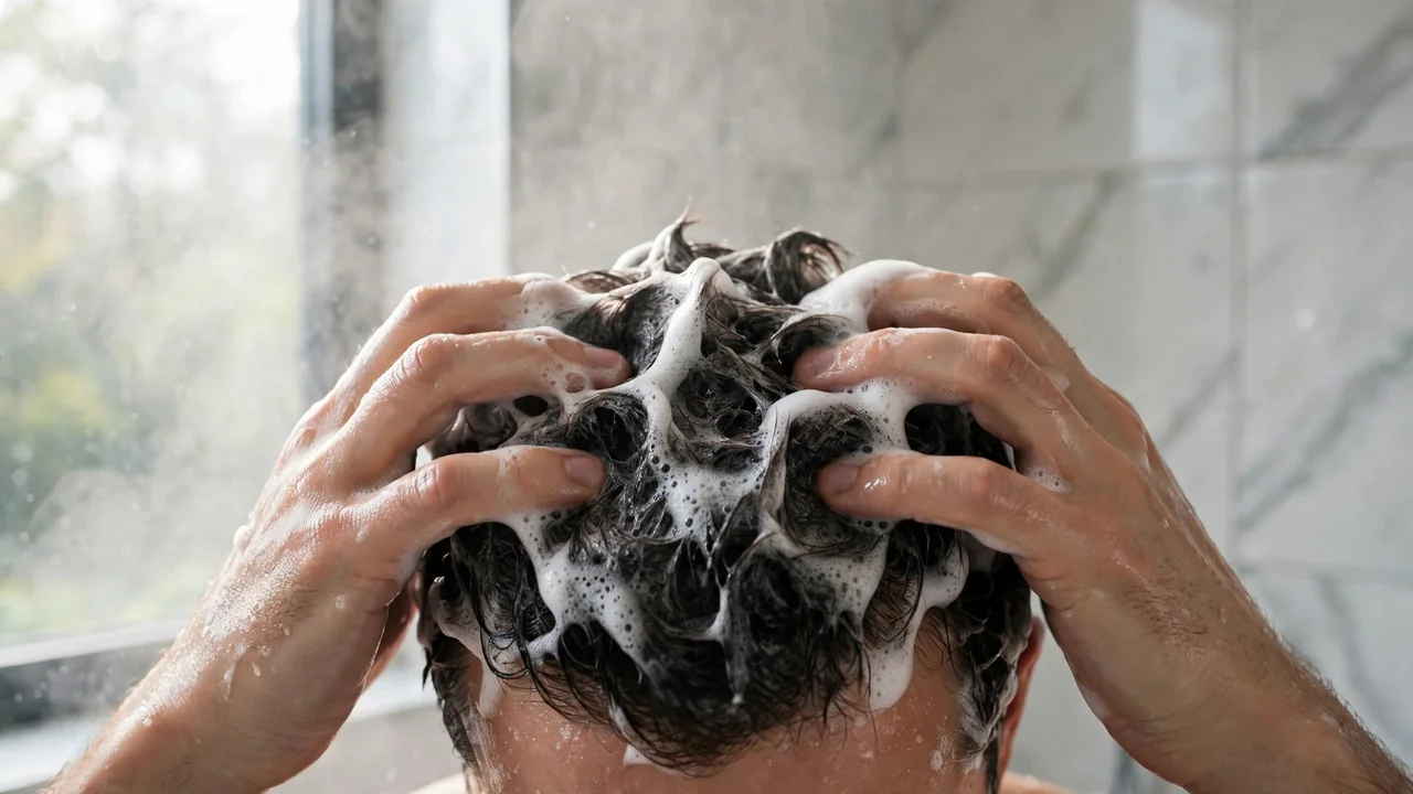 Man massaging anti dandruff shampoo into his scalp