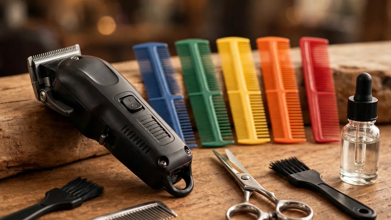 Hair clippers and guard combs used for a buzz cut fade