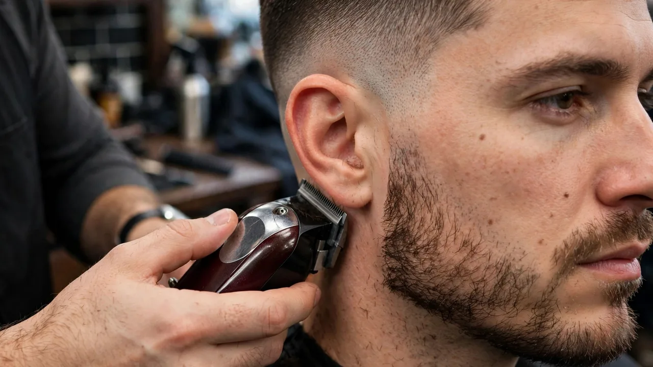 Barber blending a taper fade into a short boxed beard with clippers