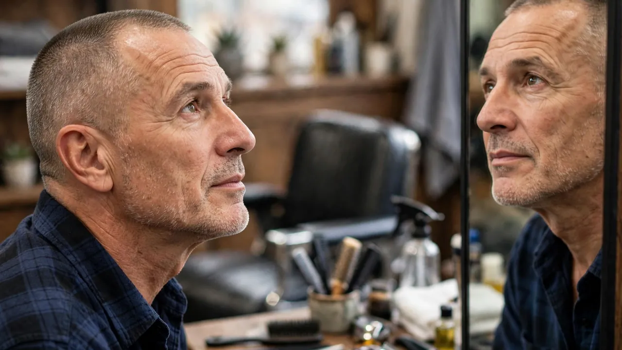Crew cut for older men with a receding hairline in a barbershop