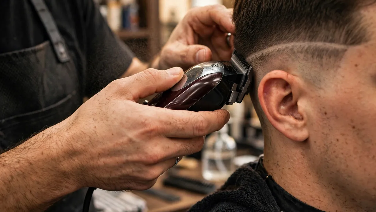 Barber blending a harsh fade line with clippers, showing how to fix a bad haircut