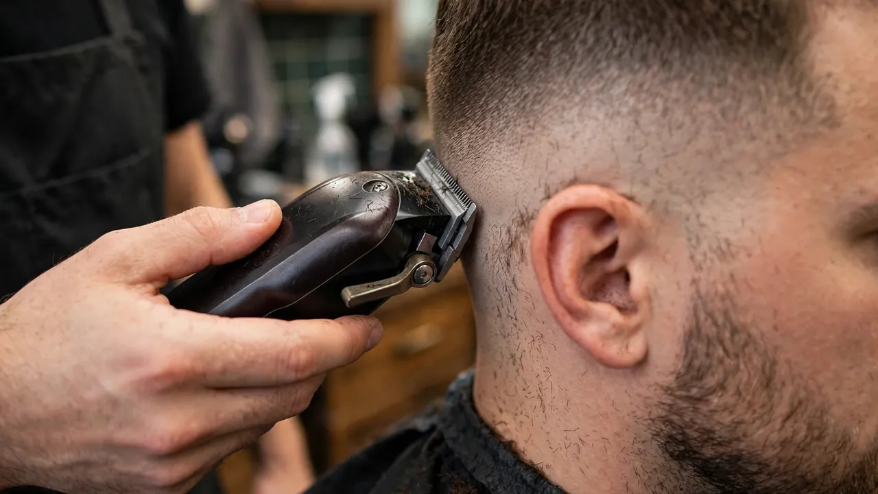 Barber using clippers to cut a fade while client describes the haircut length