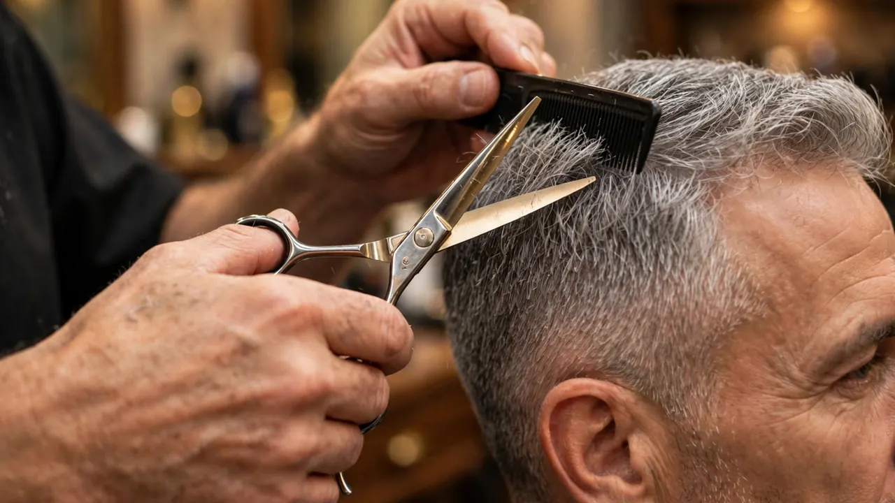 Barber trimming gray hair for a professional haircut for men over 40