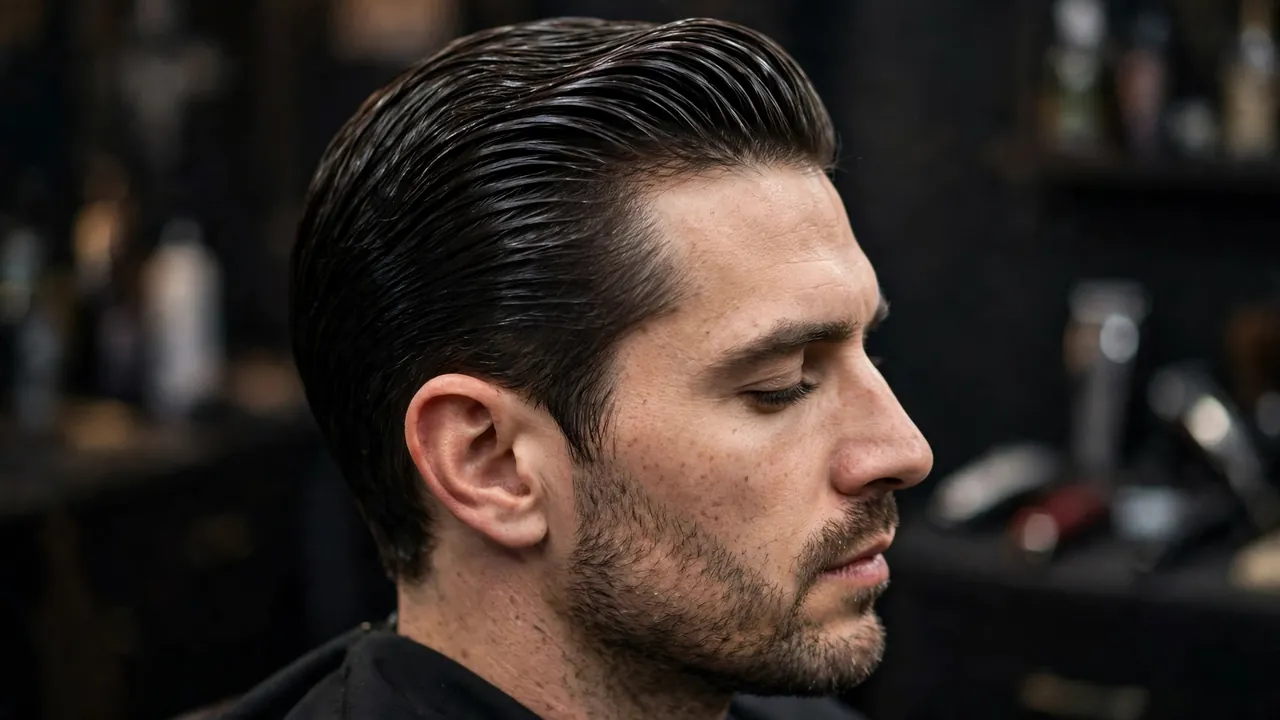 Classic slick back hairstyle with a healthy shine from pomade