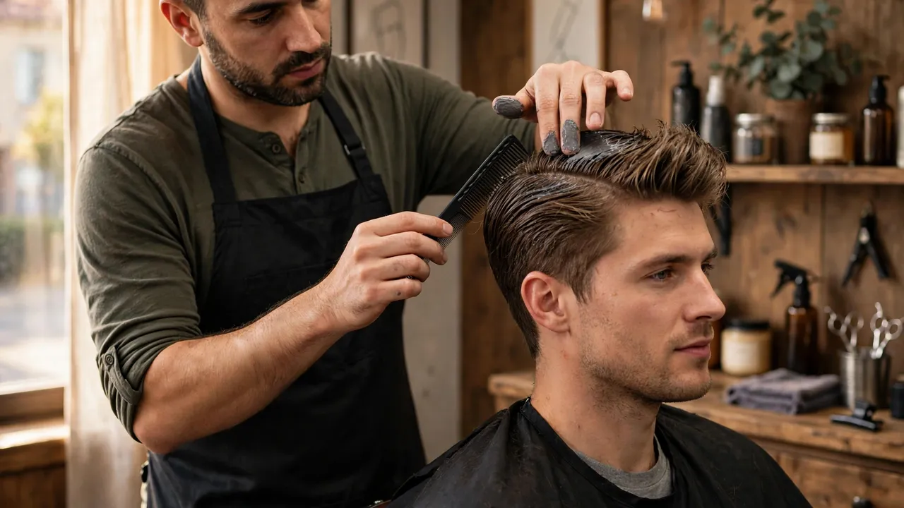 Barber restyling hair with matte paste to camouflage a bad haircut