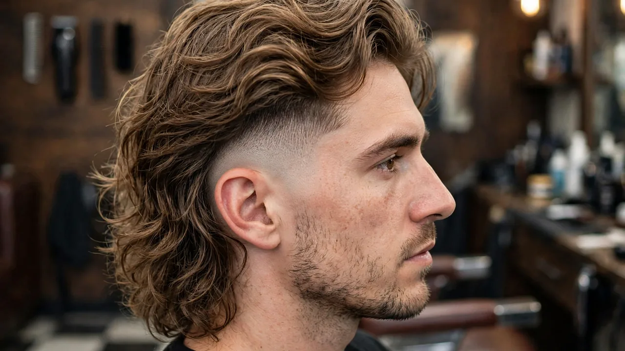 Man with long wavy hair on top and a burst fade curving around the ear