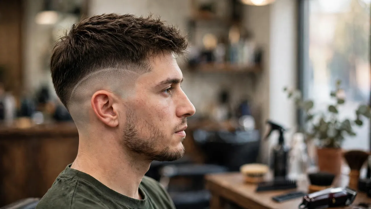 Low burst fade with a subtle curve above the ear and a short textured top