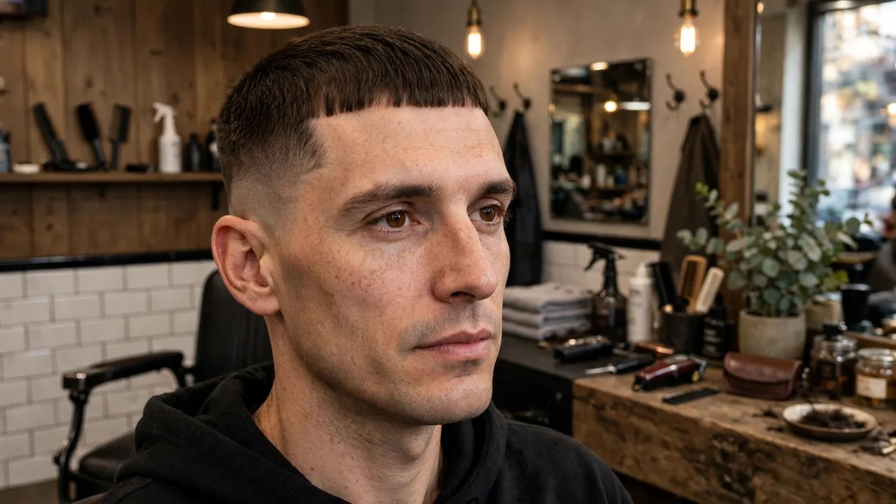 Caesar cut with short horizontal fringe for oblong face men
