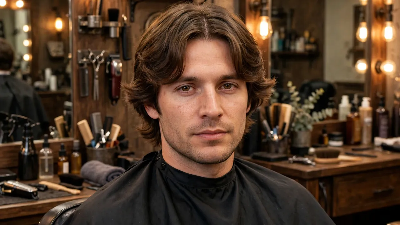 Curtain hairstyle for oblong face male with middle part